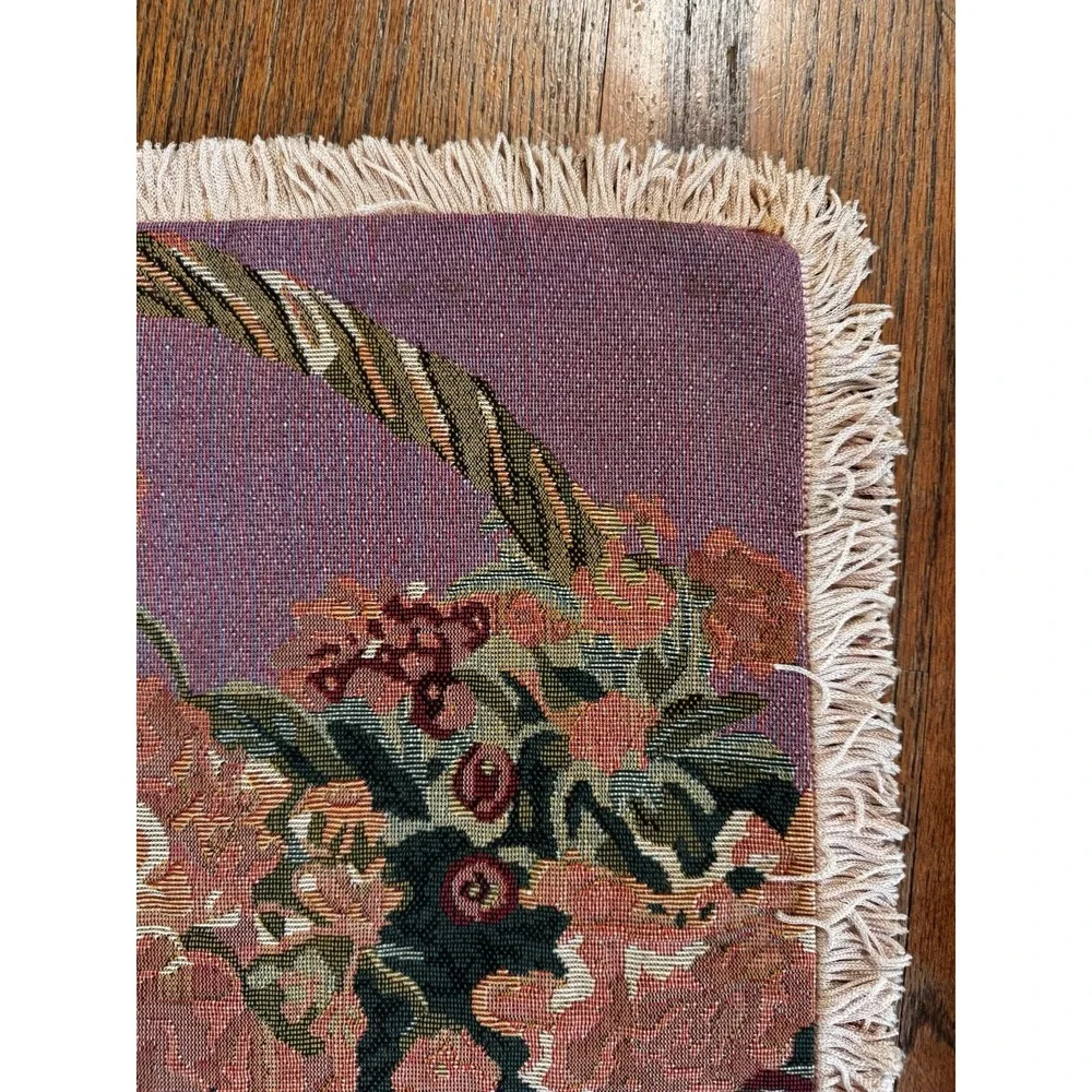 Vintage Needlepoint Pillow Covers With Velvet Backing & Fringe Basket Of Flowers